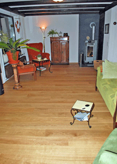 Im Bild ist ein Wohnzimmer mit einer Landausdiele in Eiche zu sehen. Im Hintergrund ist ein Kamin. Linkd und rechts diverse Mbel und ein Sofa.
